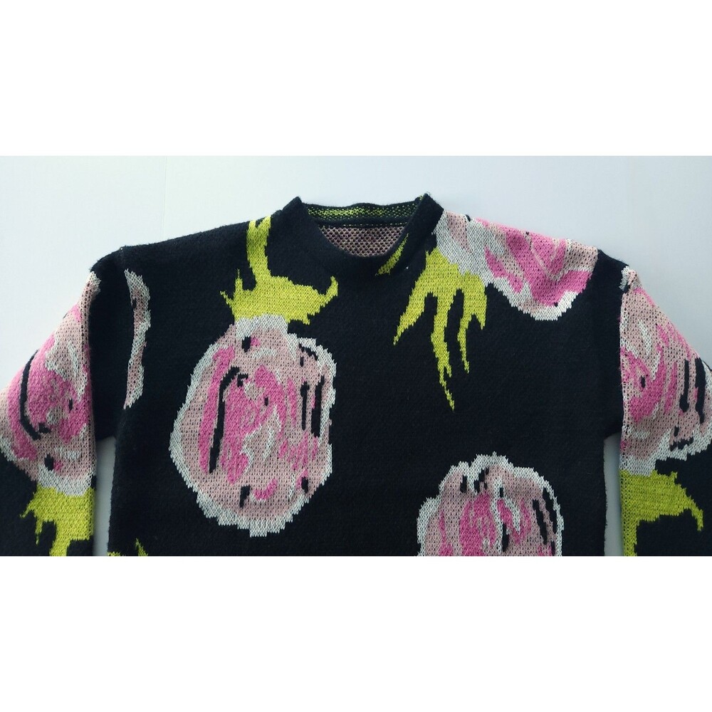 Cawaii French Black Pink Floral Intarsia Knit Sweater - L - Picture 3 of 8